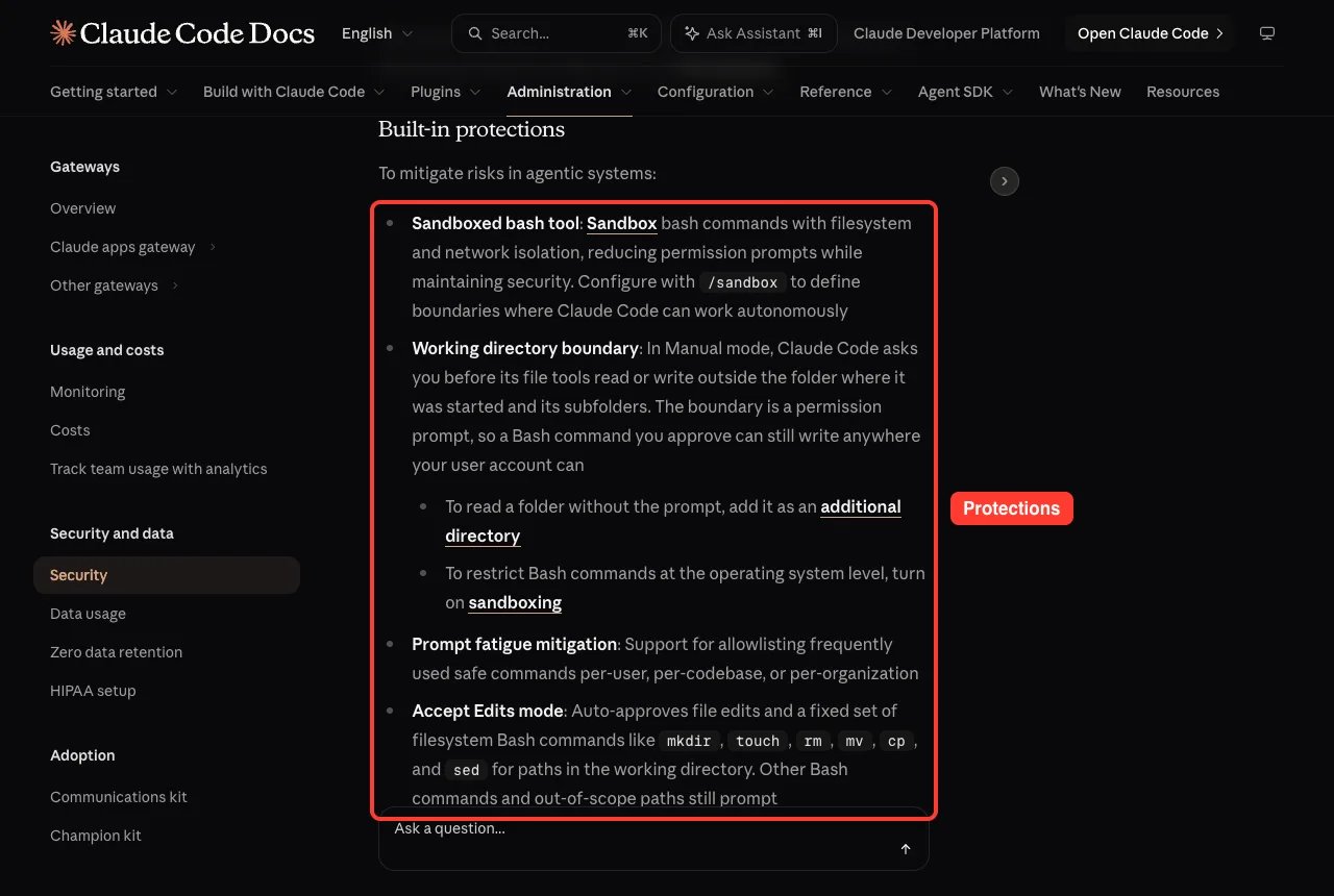 Official built-in protections list highlighted on the security page