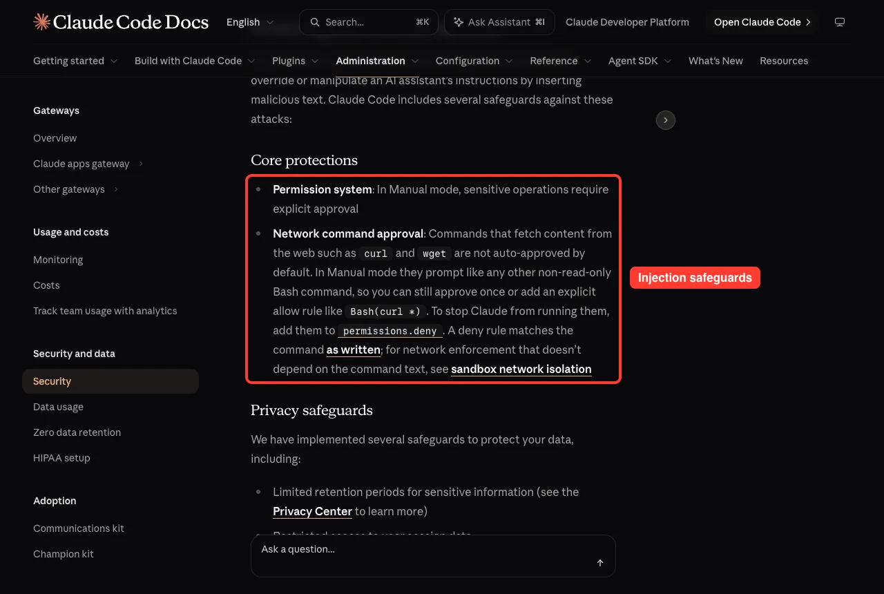 Official core protections list with the permission system and network command approval highlighted