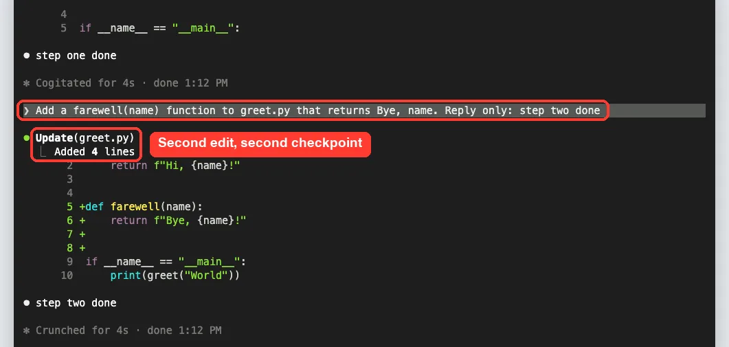 Claude Code session showing a second prompt that adds a farewell function to greet.py, with the Update result showing Added 4 lines