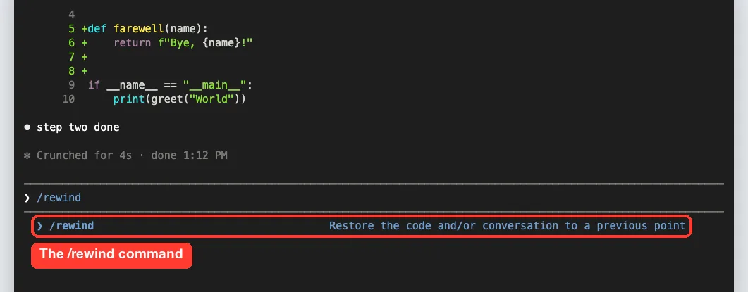Typing /rewind in Claude Code shows the command with the description Restore the code and/or conversation to a previous point