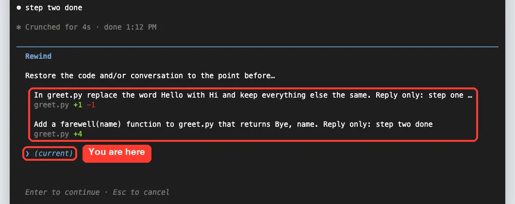 Claude Code Rewind menu listing two earlier prompts with greet.py change counts and a (current) entry at the bottom