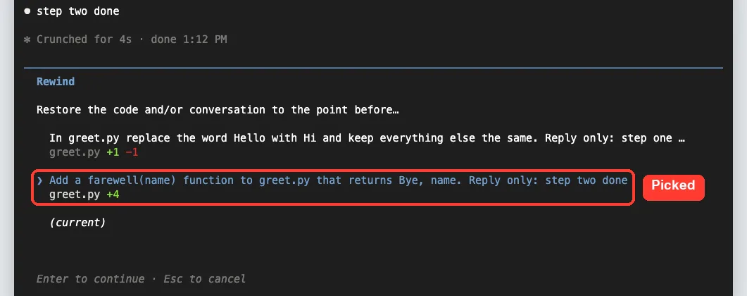 Rewind menu with the second prompt, Add a farewell(name) function to greet.py, highlighted