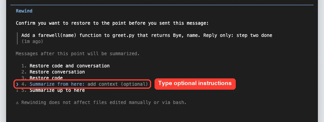 Summarize from here option highlighted in the Claude Code rewind menu with the add context (optional) field