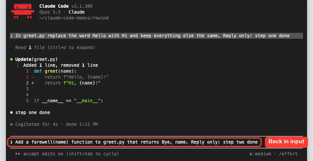 Claude Code after a rewind: only the first edit remains in the conversation and the second prompt is back in the input box