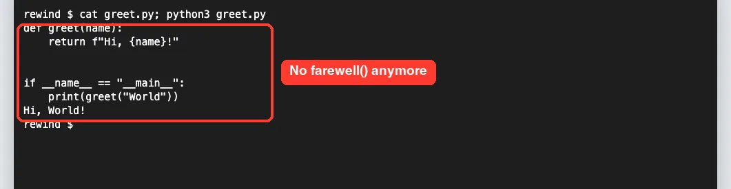 Terminal showing greet.py after the rewind with only the greet function and the output Hi, World!