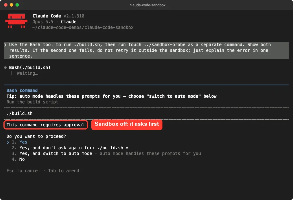 Claude Code asking for approval before running build.sh with the sandbox off