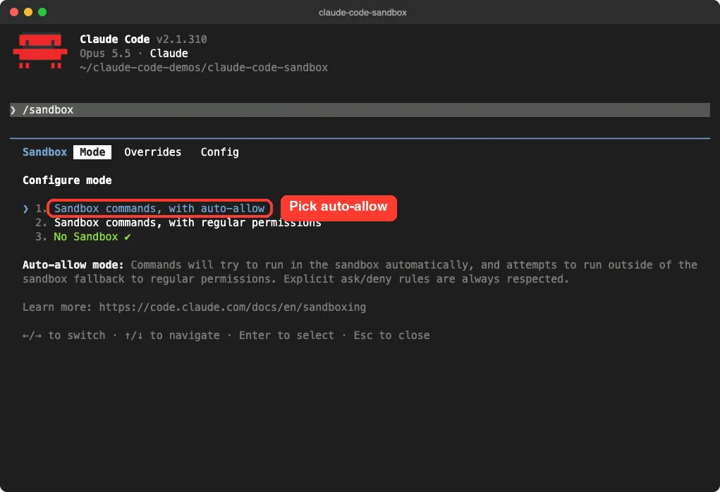 The Claude Code /sandbox panel with the auto-allow option highlighted on the Mode tab