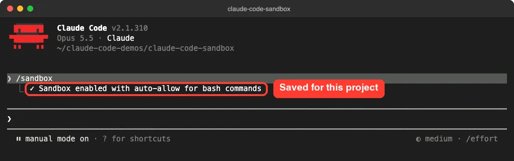 Claude Code message saying the sandbox is enabled with auto-allow for bash commands