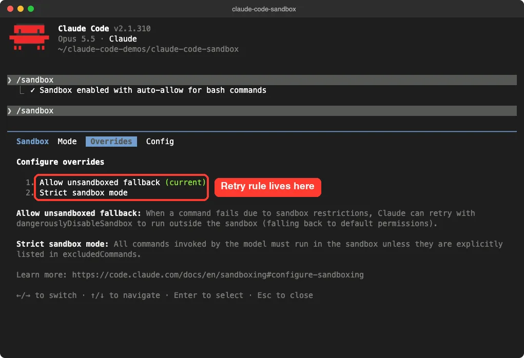 The Overrides tab of the Claude Code sandbox panel showing unsandboxed fallback and strict sandbox mode