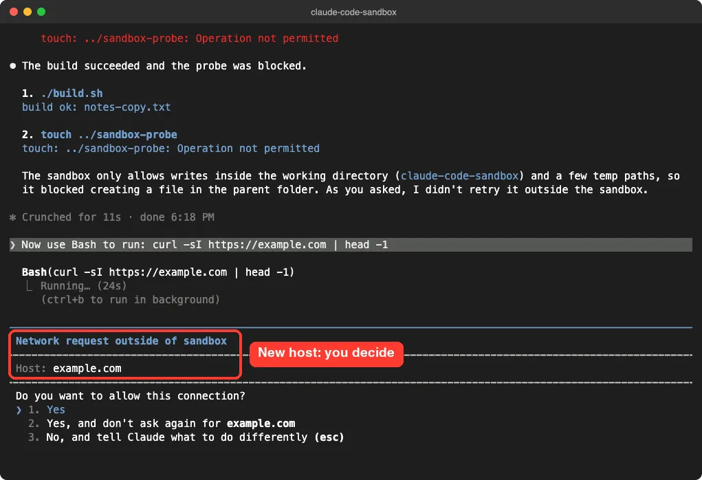Claude Code prompt titled Network request outside of sandbox for host example.com
