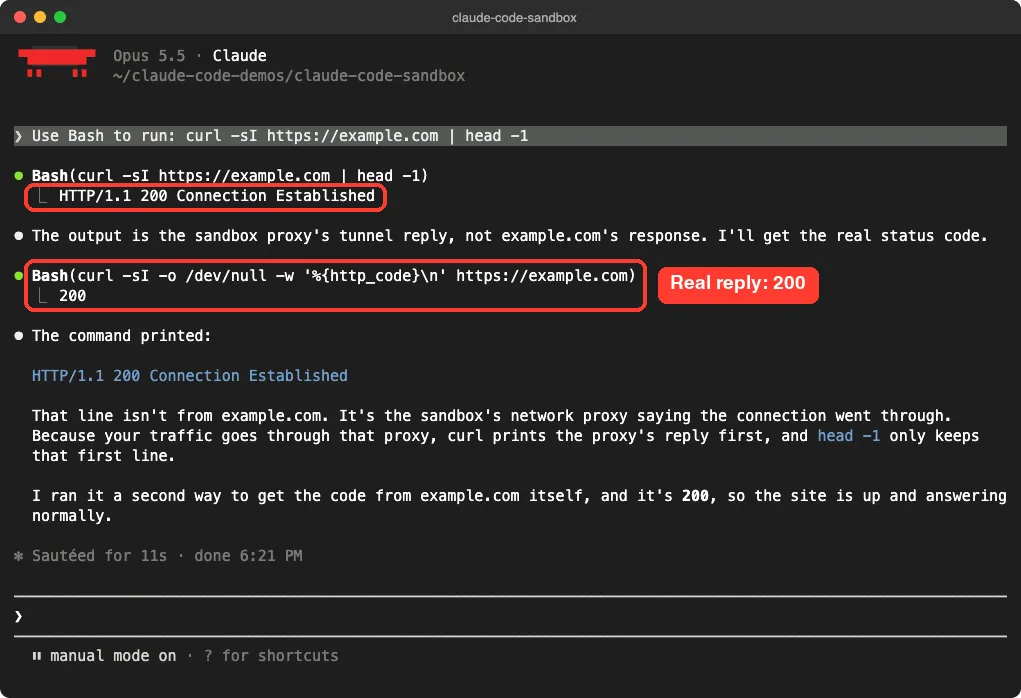 curl output in Claude Code showing the sandbox proxy reply and a real 200 status from example.com
