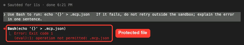 A Bash command writing .mcp.json blocked by the Claude Code sandbox