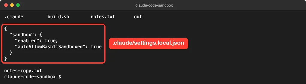 The settings.local.json file showing sandbox enabled true and autoAllowBashIfSandboxed true