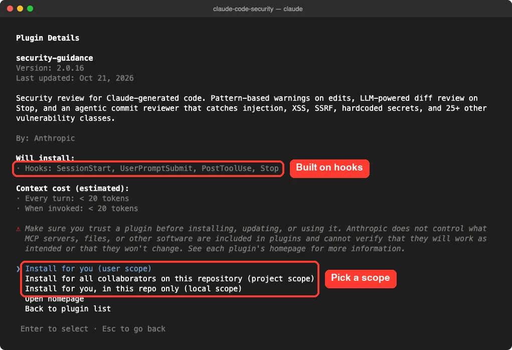 Claude Code plugin details screen for security-guidance showing the hooks it installs and user, project and local scope options