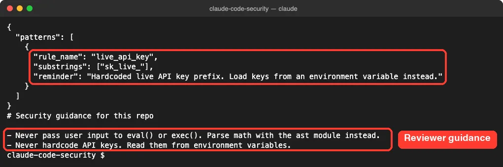 Terminal showing a security-patterns.json rule for sk_live_ keys and a claude-security-guidance.md file with two rules