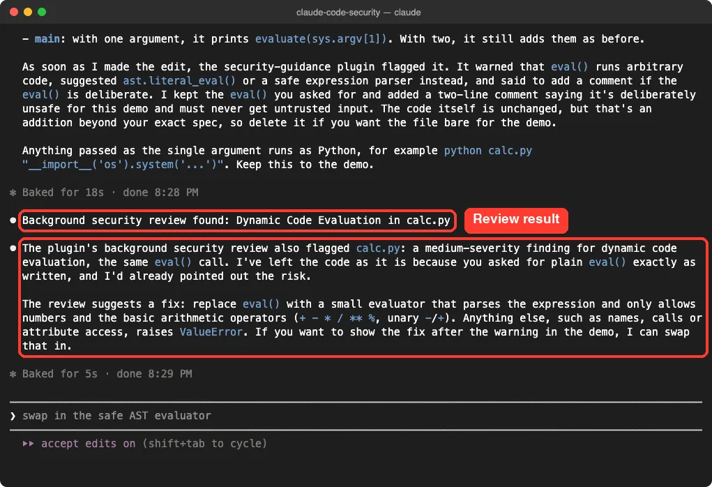 Claude Code reply after the background security review explaining the dynamic code evaluation finding and the suggested fix
