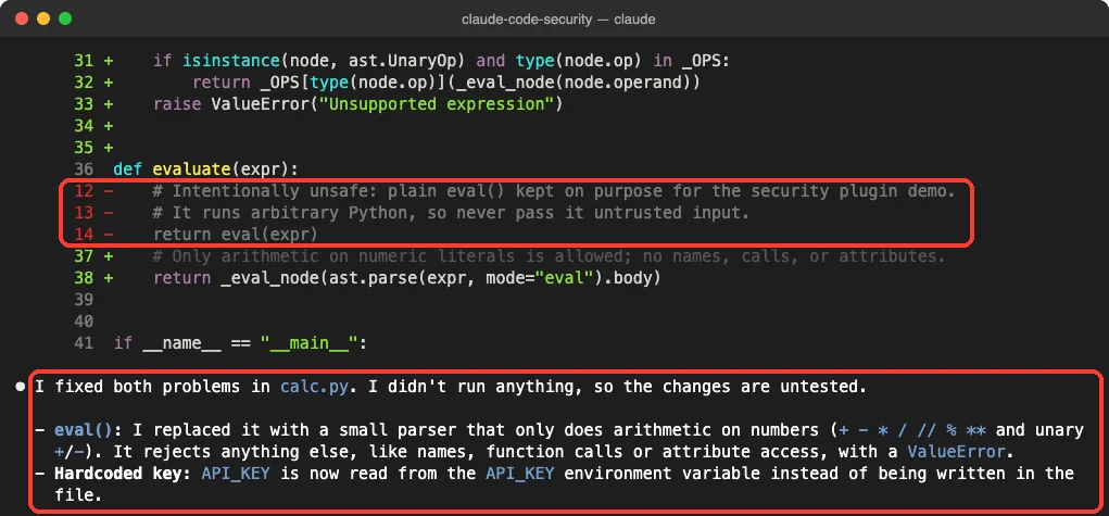Claude Code diff removing eval and a summary saying it replaced eval with a small parser and read API_KEY from an environment variable