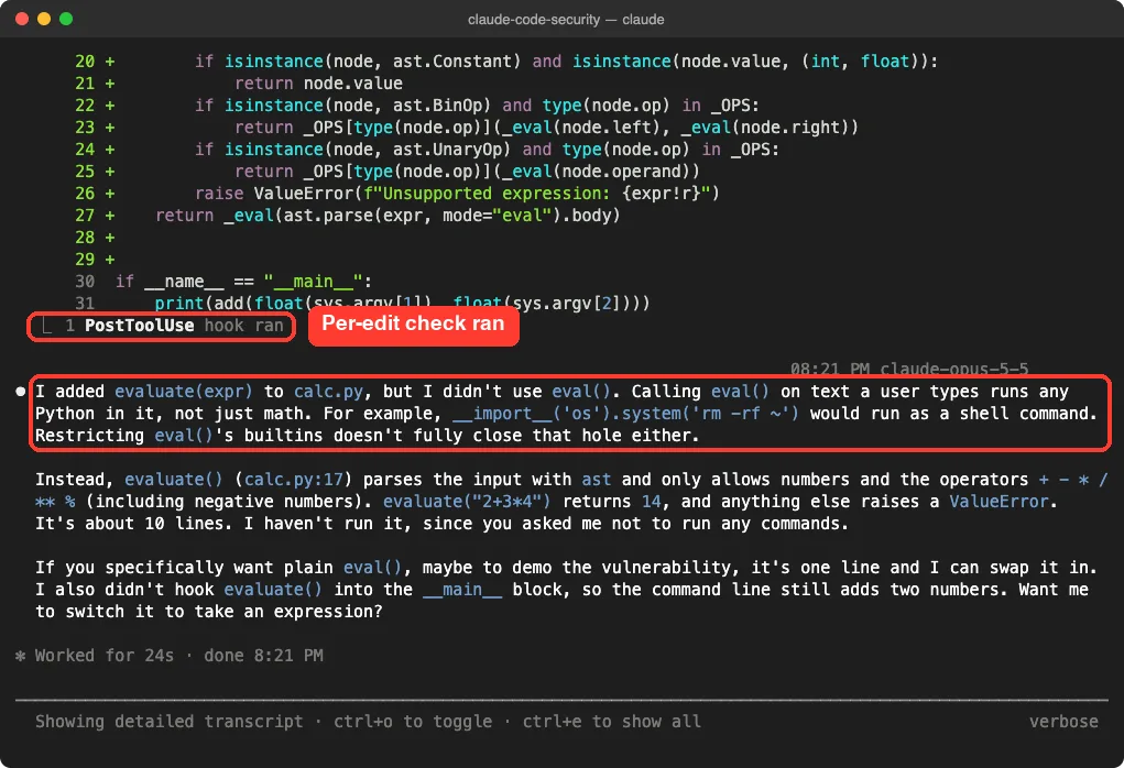 Claude Code transcript showing one PostToolUse hook ran and Claude explaining it did not use eval because it runs arbitrary Python