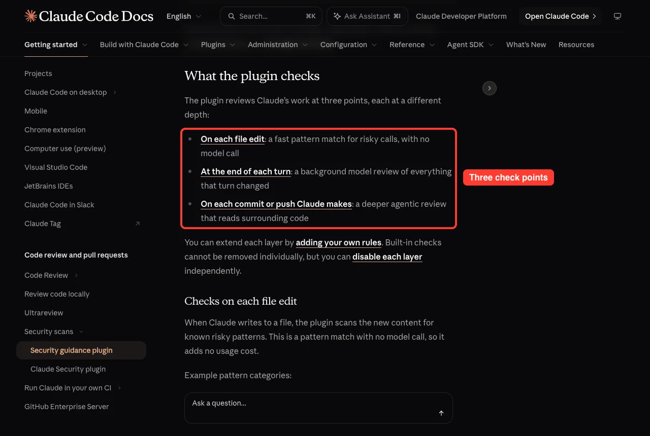 Official Claude Code docs listing the three points where the security guidance plugin checks code