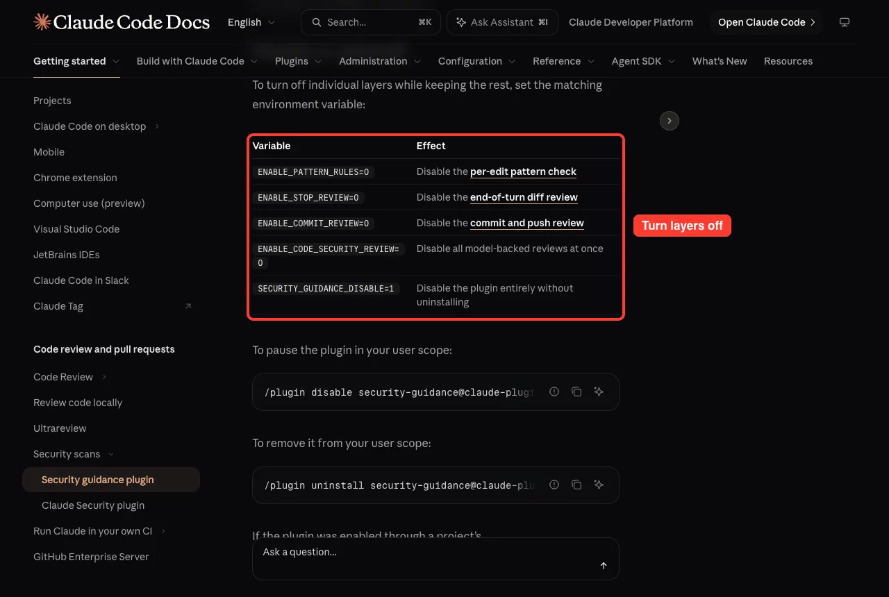 Official docs table of environment variables that disable each security guidance layer