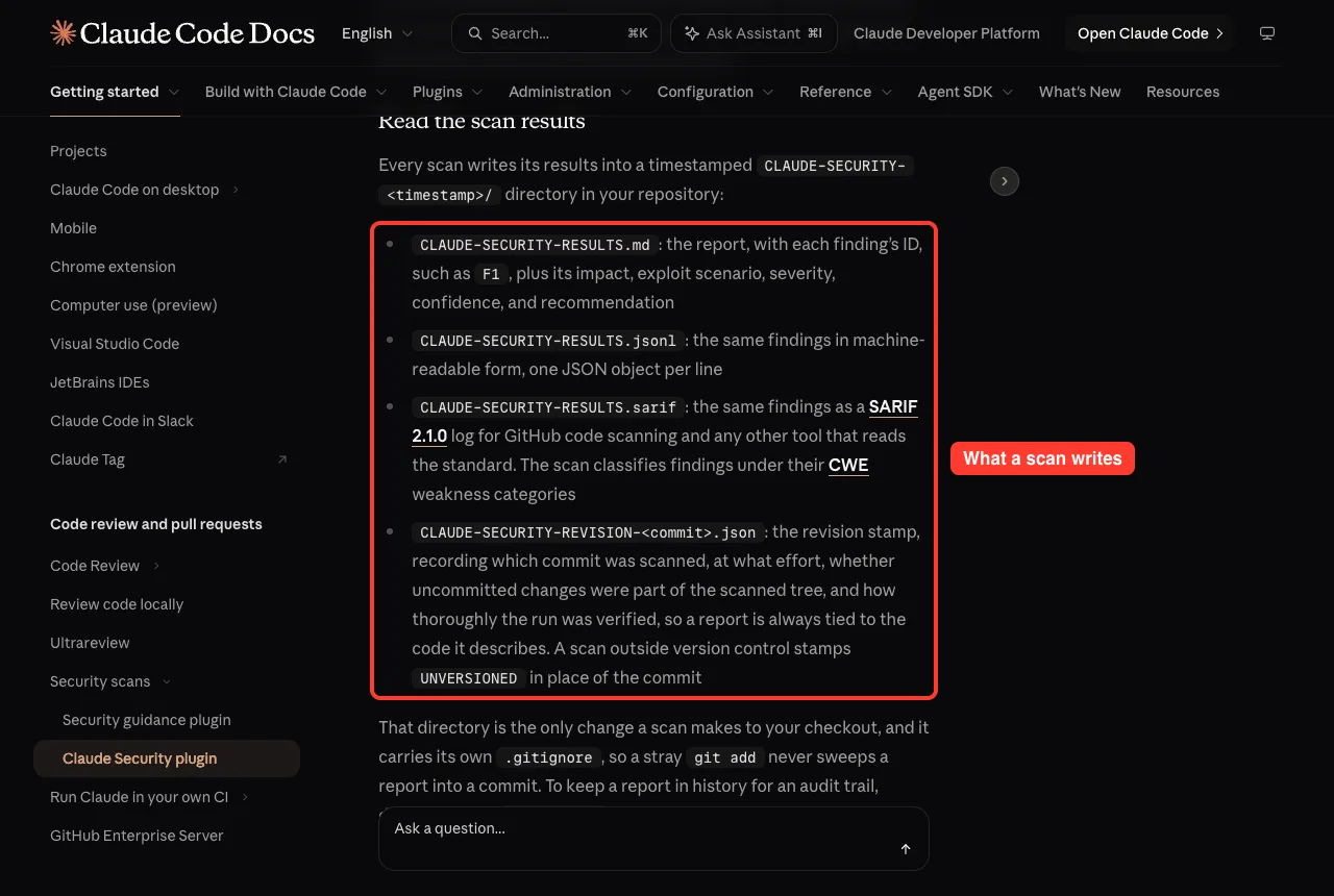Official docs listing the files a Claude Security scan writes, including results in Markdown, JSONL and SARIF