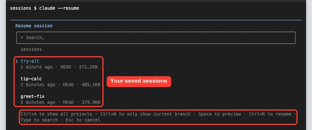 The Claude Code session picker opened with claude --resume, listing try-alt, tip-calc and greet-fix with time, branch and size, plus the keyboard hints row