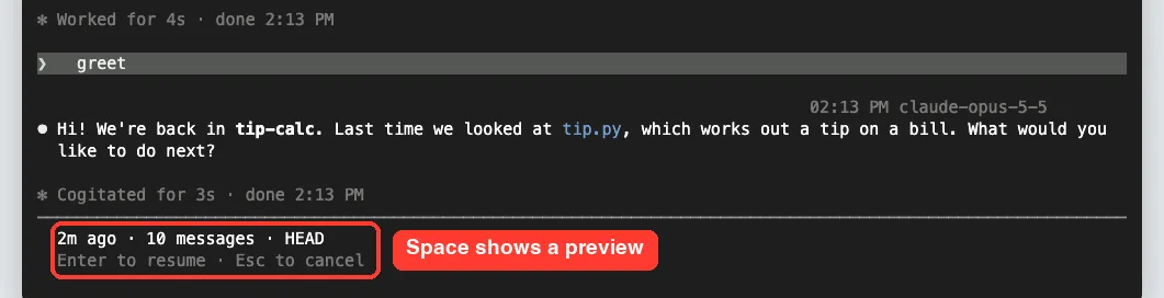 Session preview in Claude Code showing the end of the tip-calc conversation and a footer reading 2m ago, 10 messages, HEAD, Enter to resume, Esc to cancel