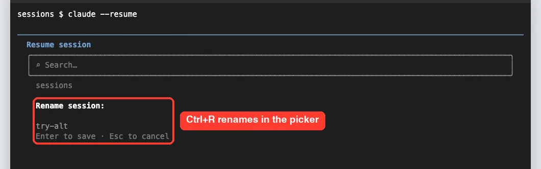 The Rename session field inside the Claude Code session picker showing try-alt with Enter to save and Esc to cancel