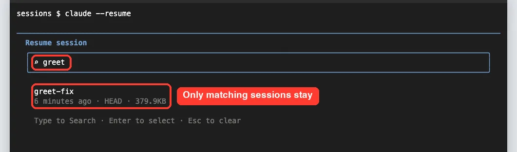 Search mode in the Claude Code session picker with greet typed in the search box and only the greet-fix session listed