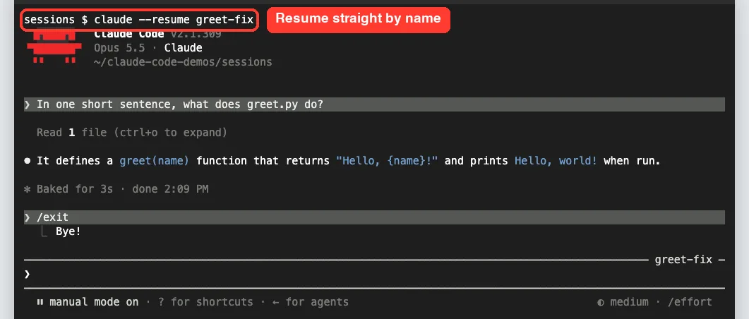 claude --resume greet-fix opening the greet-fix session directly with its earlier conversation about greet.py