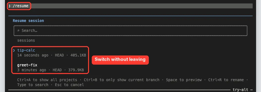 The /resume command run inside a Claude Code session, opening the Resume session list with tip-calc and greet-fix