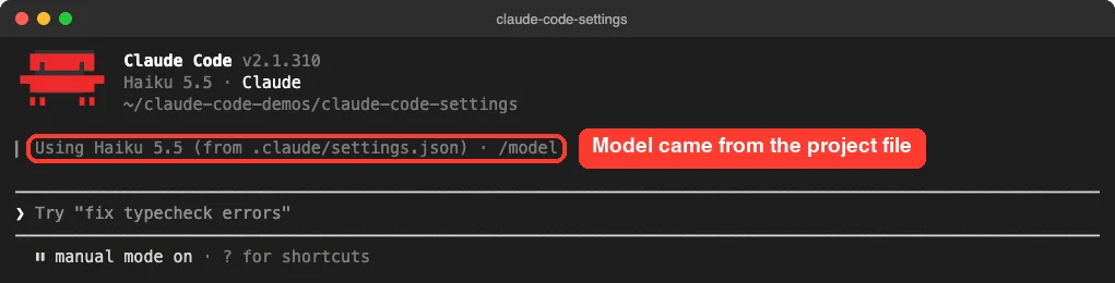 Claude Code v2.1.310 welcome screen showing Haiku 5.5 and a line that reads Using Haiku 5.5 (from .claude/settings.json), boxed in red