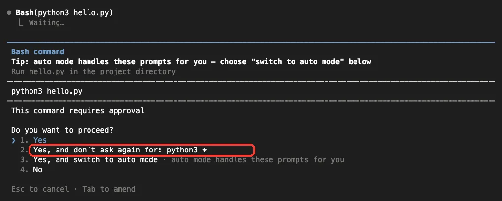 Claude Code Bash permission prompt for python3 hello.py with four options, and option 2, Yes, and don't ask again for: python3 *, boxed in red