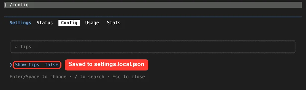 The /config Config tab with a search box containing tips and the Show tips option now set to false, boxed in red