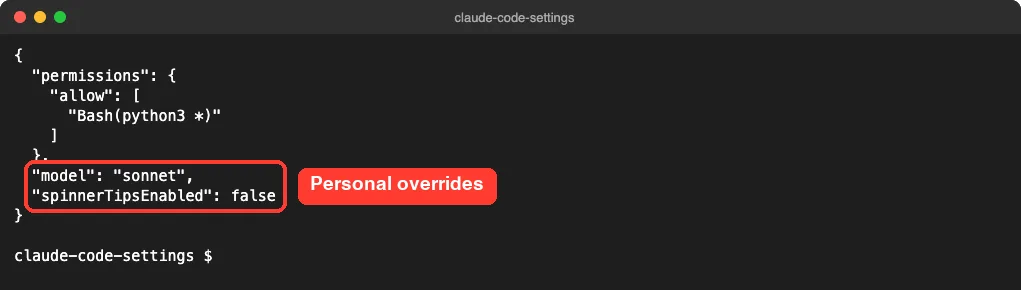 Terminal showing settings.local.json with the allow rule plus model set to sonnet and spinnerTipsEnabled set to false, the last two lines boxed in red