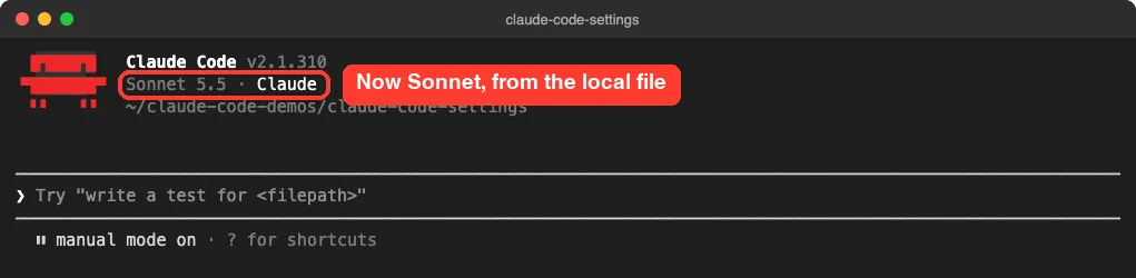 Claude Code welcome screen now showing Sonnet 5.5, boxed in red, after the local settings file set the model