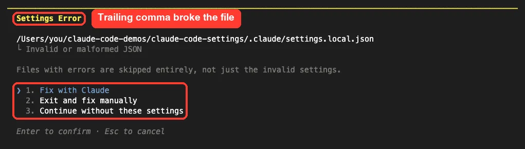Claude Code Settings Error dialog naming .claude/settings.local.json as invalid or malformed JSON, with options Fix with Claude, Exit and fix manually, and Continue without these settings