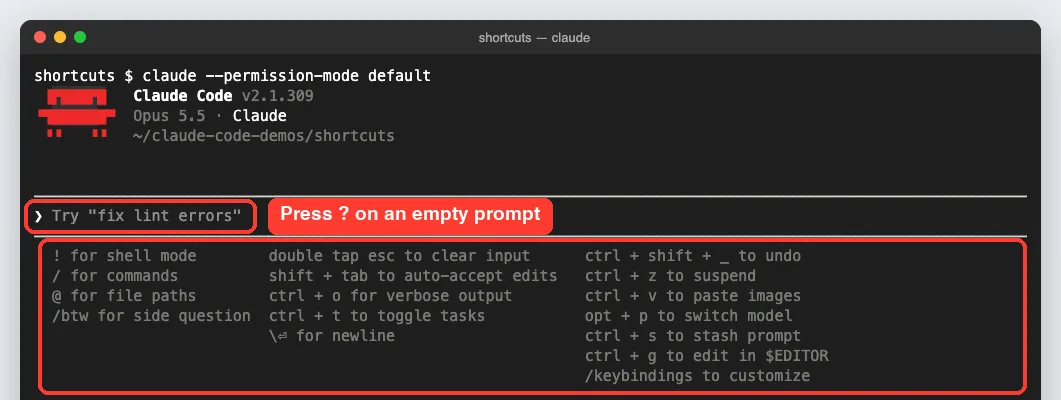 Claude Code shortcut help panel listing shell mode, commands, file paths, side questions, undo, stash and model switching keys