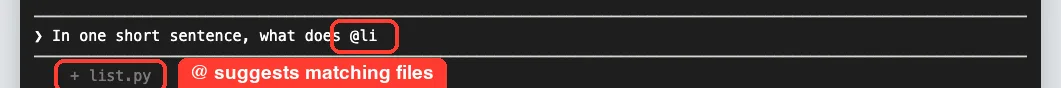 Claude Code prompt with @li typed and list.py suggested in the autocomplete list