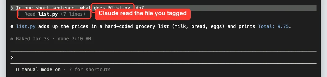 Claude Code reading list.py after an @ mention and replying that it adds up grocery prices and prints the total