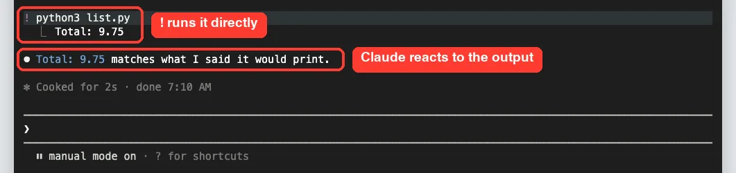 Claude Code shell mode running python3 list.py, printing Total 9.75, followed by Claude's reply about the output