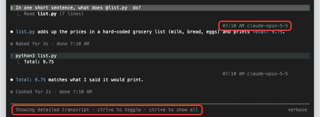Claude Code detailed transcript view showing timestamps and the model name above each reply