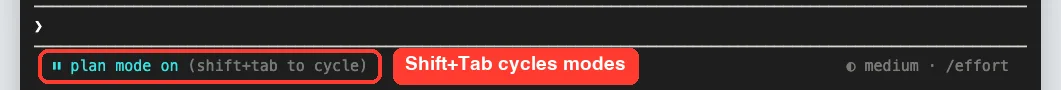 Claude Code footer showing plan mode on after pressing Shift+Tab