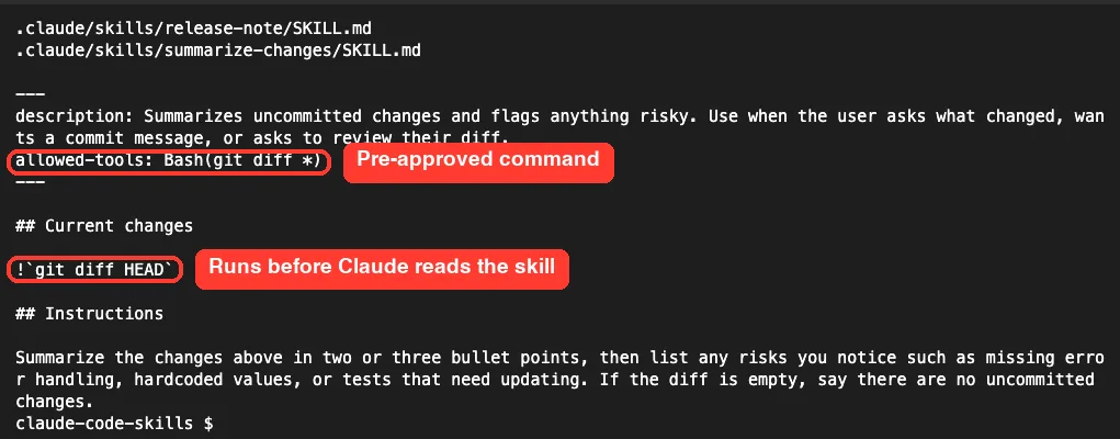 Terminal showing the summarize-changes SKILL.md with its description, allowed-tools line and git diff injection