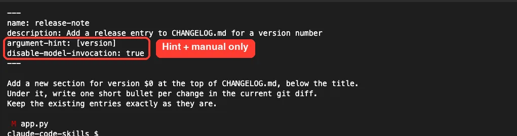 Terminal showing the release-note SKILL.md with argument-hint and disable-model-invocation set to true