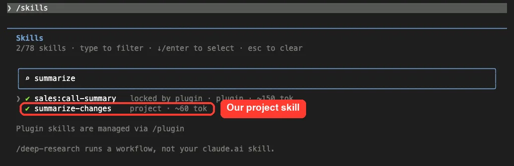 The /skills menu in Claude Code filtered to show the summarize-changes project skill