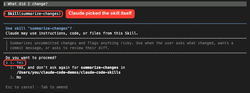 Claude Code asking Use skill summarize-changes with Yes, don't ask again and No options
