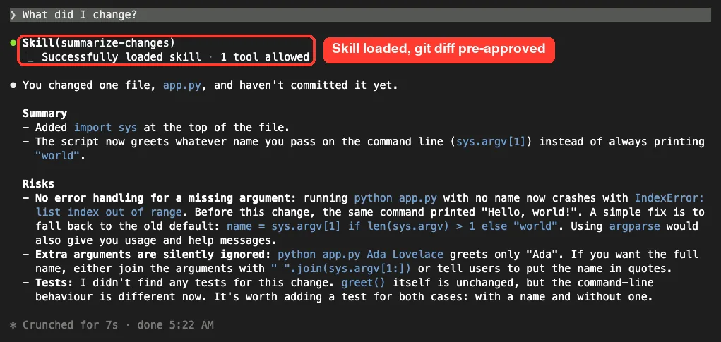 Claude Code output from the summarize-changes skill listing a summary and risks such as a missing argument crash