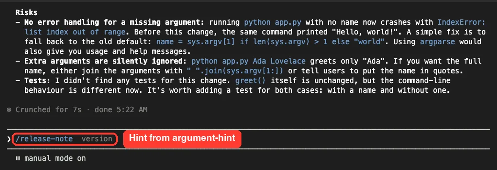 Claude Code prompt showing /release-note with a gray version hint