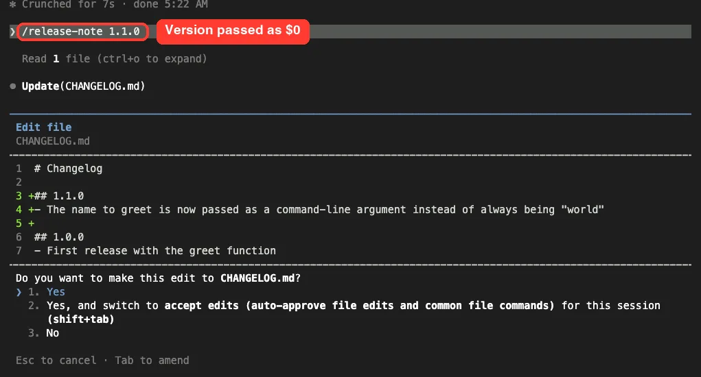 Claude Code asking to edit CHANGELOG.md with a new 1.1.0 section after running /release-note 1.1.0